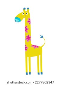 Cute baby giraffe animal in Scandinavian style isolated on white. Colorful and funny hand drawn giraffe for kids. Jungle Animal for children modern simple vector design.