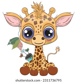 Cute baby giraffe boho style illustration. Cartoon style character. Happy baby giraffe, Perfect illustration for t-shirt wear fashion print design, greeting card, baby shower, party invitation