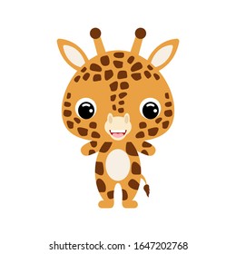 Cute baby giraffe. Cartoon character for decoration and design of the album, scrapbook, baby card and invitation. African animal. Flat vector stock illustration on white background