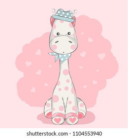 cute baby giraffe cartoon  for t-shirt, print, product, flyer ,patch, fabric, textile,tile,card, greeting  fashion,baby, kid, shower, powder,soap, hand drawn style. vector illustration