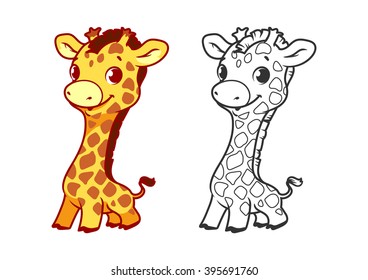 Cute baby giraffe. Cartoon vector character isolated on a white background with black outline.