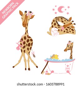 Cute baby giraffe for celebrating newborn girl, isolated on white background - vector illustration set collection