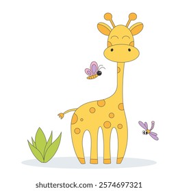 Cute baby giraffe character with happy face, surrounded by butterfly and dragonfly. Minimalist hand drawn cartoon character in yellow color. Naive child drawing style animal. Vector illustration.