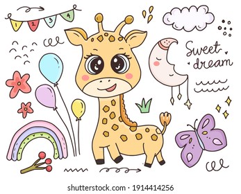 Cute baby giraffe character set cartoon drawing illustration cartoon for kids collection set