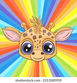Cute baby giraffe face on colorful background. Cartoon style character. Happy baby giraff nursery art, Perfect illustration for t-shirt wear, print design, greeting card baby shower, party invitation