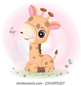Cute baby Giraffe with floral and butterflies。 colorful background