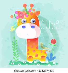 cute baby giraffe with flowers and birds. Can be used for kids/babies shirt design, fashion print design,t-shirt, kids wear,textile design,celebration card/ greeting card, invitation card - Vector