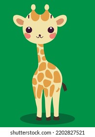 Cute baby giraffe in kawaii style. The giraffe is yellow and orange, on a green background.