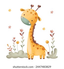 Cute Baby Giraffe and Leaves Cartoon