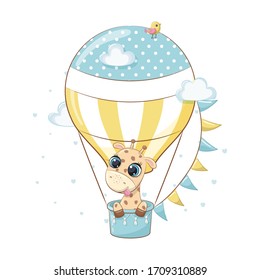 Cute baby giraffe on a hot air balloon.