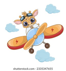 Cute baby giraffe pilot on a plane in the sky. Children's illustration with a baby giraffe. Perfect illustration for t-shirt wear, nursery print designs, greeting card, baby shower, party invitation 