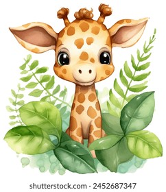 Cute baby giraffe safari animals watercolor clipart illustration