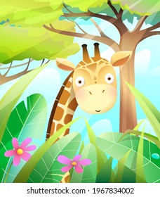 Cute baby giraffe in savannah nature with grass, leaves and trees. Colorful wildlife illustration for kids nursery room print or greeting card design. Vector cartoon in watercolor style.