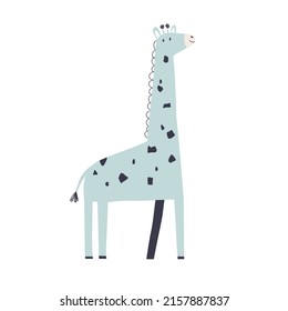 Cute baby giraffe in Scandinavian style. Funny adorable child animal, nordic character. Childish nursery Scandi-stylized colored flat vector illustration isolated on white background