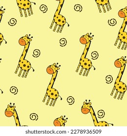 Cute baby giraffe seamless pattern on yellow background. illustration for children. Vector illustration. Perfect for nursery posters, patterns, wallpapers.