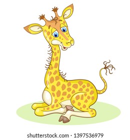 Cute baby giraffe sits on the glade.  In cartoon style. Isolated on white background. Vector illustration.