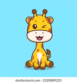 Cute Baby Giraffe Sitting Cartoon Vector Icon Illustration. Animal Nature Icon Concept Isolated Premium Vector. Flat Cartoon Style