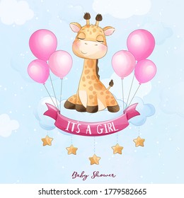 Cute baby giraffe sitting in the cloud with watercolor illustration