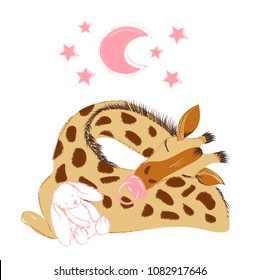 Cute baby giraffe sleeping with a plush and a pacifier for celebrating new birth - Hand drawn vector illustration isolated on white background for children and baby concepts