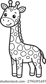 Cute baby giraffe standing alone for children coloring page with simple bold outlines and white background vector art