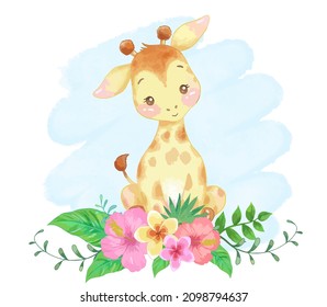 Cute baby giraffe with tropical flowers