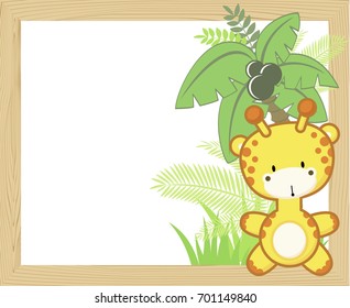 cute baby giraffe with tropical leaves and palm tree on empty wood frame for copy space, ideal for nursery art decoration or scrapbooking projects