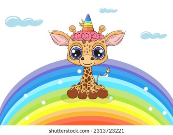 Cute baby giraffe with unicorn horn. Cartoon style character. Happy baby giraffe, Perfect illustration for t-shirt wear fashion print design, greeting card, baby shower, party invitation