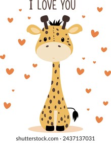 Cute baby giraffe. Vector illustration of happy character with hearts in cartoon style isolated on white background.
