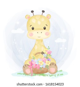 cute baby giraffe, watercolor illustration, children's illustration, animal clipart.
