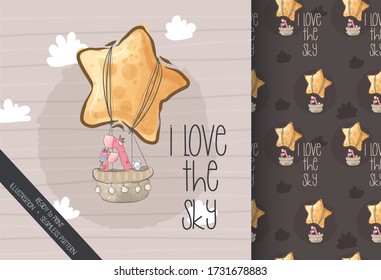 Cute baby giraffes happy flying illustration for kids