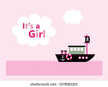 cute baby girl arrival announcement card with cute boat ship vector