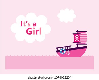 cute baby girl arrival announcement card with cute boat ship vector