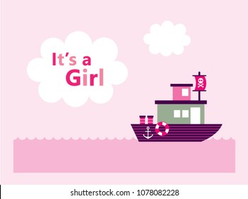 cute baby girl arrival announcement card with cute boat ship vector