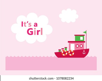 cute baby girl arrival announcement card with cute boat ship vector