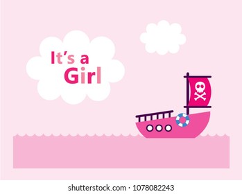 cute baby girl arrival announcement card with cute boat ship vector