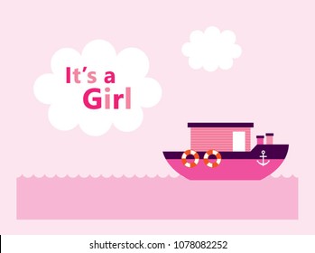 cute baby girl arrival announcement card with cute boat ship vector