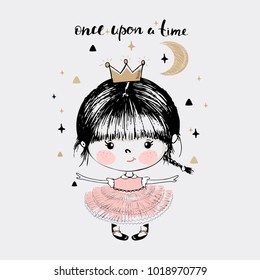 Cute baby girl ballerina cartoon hand drawn vector illustration  Can be used for baby t  shirt print  fashion print design  kids wear  baby shower celebration  greeting   invitation card 