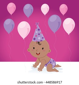 Cute baby girl with balloons and birthday cap. Vector illustration of a little baby girl with balloons and party cap.