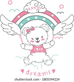 cute baby girl bear with wings fly to dreams slogans. can use to girly tshirt, sweat or baby bodysuits.