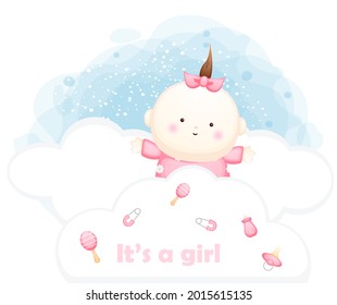 Cute baby girl behind cloud cartoon character illustration Premium Vector