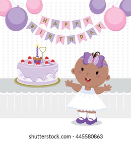Cute baby girl birthday party. Vector illustration of a little girl celebrating her first birthday.