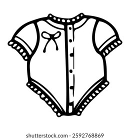 Cute baby girl bodysuit. Hand drawn doodle. Newborn cotton clothes. Fabric item with sleeves decorated with lace and bow. Little child's wardrobe. Childhood. Vector line art illustration.