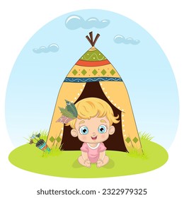 Cute baby girl boho style vector illustration. Cartoon style character. Happy baby girl, Perfect illustration for t-shirt wear fashion print design, greeting card, baby shower, party invitation
