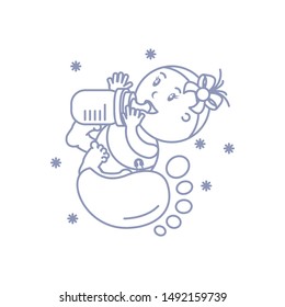 cute baby girl with bottle milk and footprint