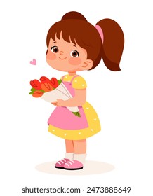 Cute baby girl with a bouquet of tulips, isolated on a white background. Vector flat illustration for Mother's Day or birthday greeting card