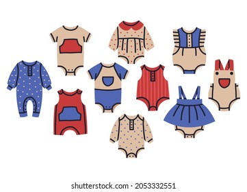 Cute baby girl and boy clothes. Children fashion modern clothing, kids casual body suits cartoon vector nursery illustration set. Boys and girls childish apparel