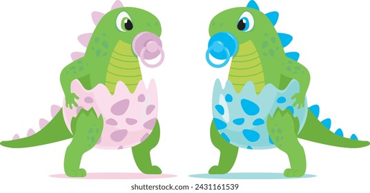 Cute baby girl and boy dinosaur cartoon characters for baby shower and gender reveal party