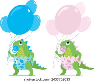 Cute baby girl and boy dinosaur characters holding colorful balloons for baby shower and gender reveal party. Cartoon style vector