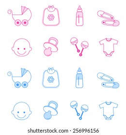 Cute baby girl and boy icon collection including baby face, bib, carriage, safety pins, pacifier, feeding bottle isolated on white background.