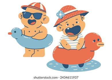 Cute baby girl and boy on the beach vector cartoon character illustration isolated on a white background.